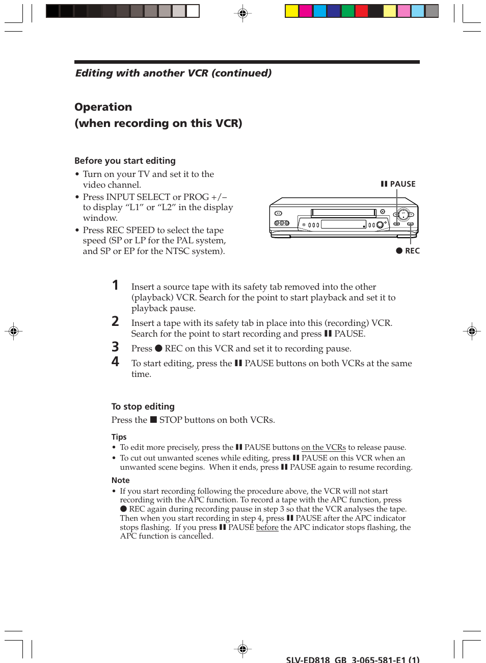 Operation (when recording on this vcr) | Sony SLV-ED616SG User Manual | Page 20 / 20