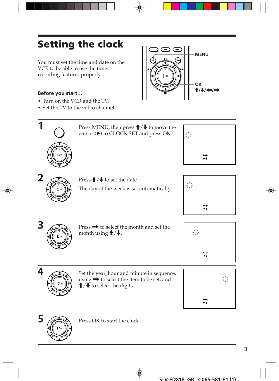 Setting the clock, Press ok to start the clock | Sony SLV-ED616SG User Manual | Page 3 / 20