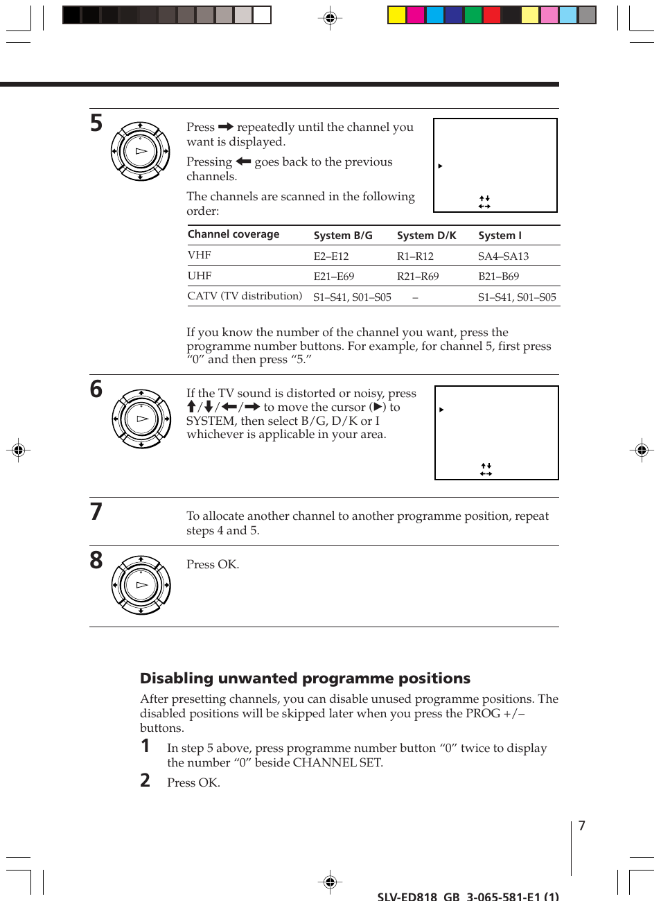 Disabling unwanted programme positions, Press ok | Sony SLV-ED616SG User Manual | Page 7 / 20