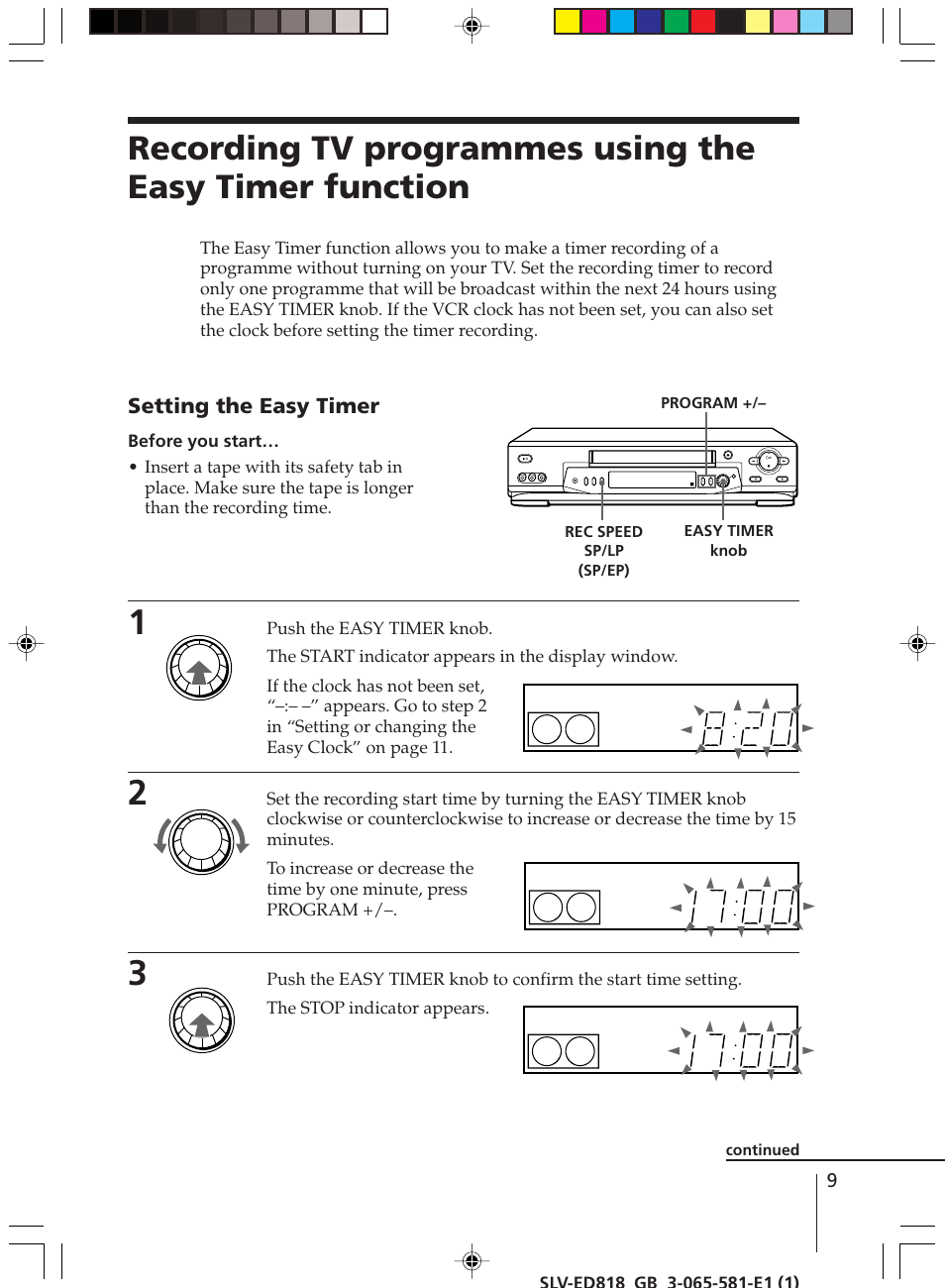 Setting the easy timer | Sony SLV-ED616SG User Manual | Page 9 / 20