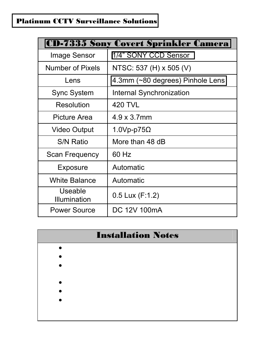 Cd-7335 sony covert sprinkler camera | Sony CD-7335 User Manual | Page 2 / 2