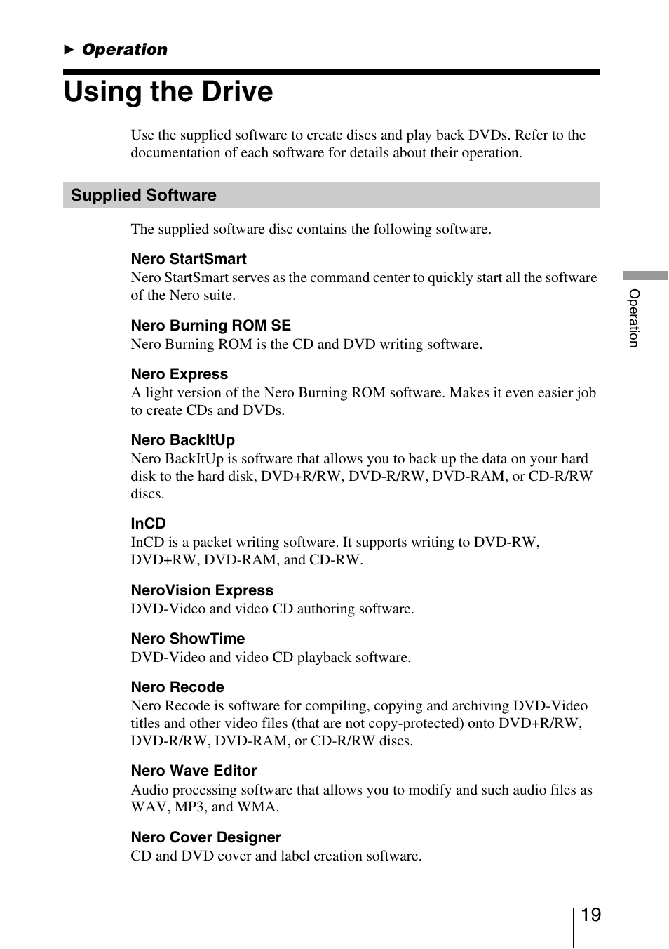 Operation, Using the drive, Supplied software | Sony DRU-820A User Manual | Page 19 / 36