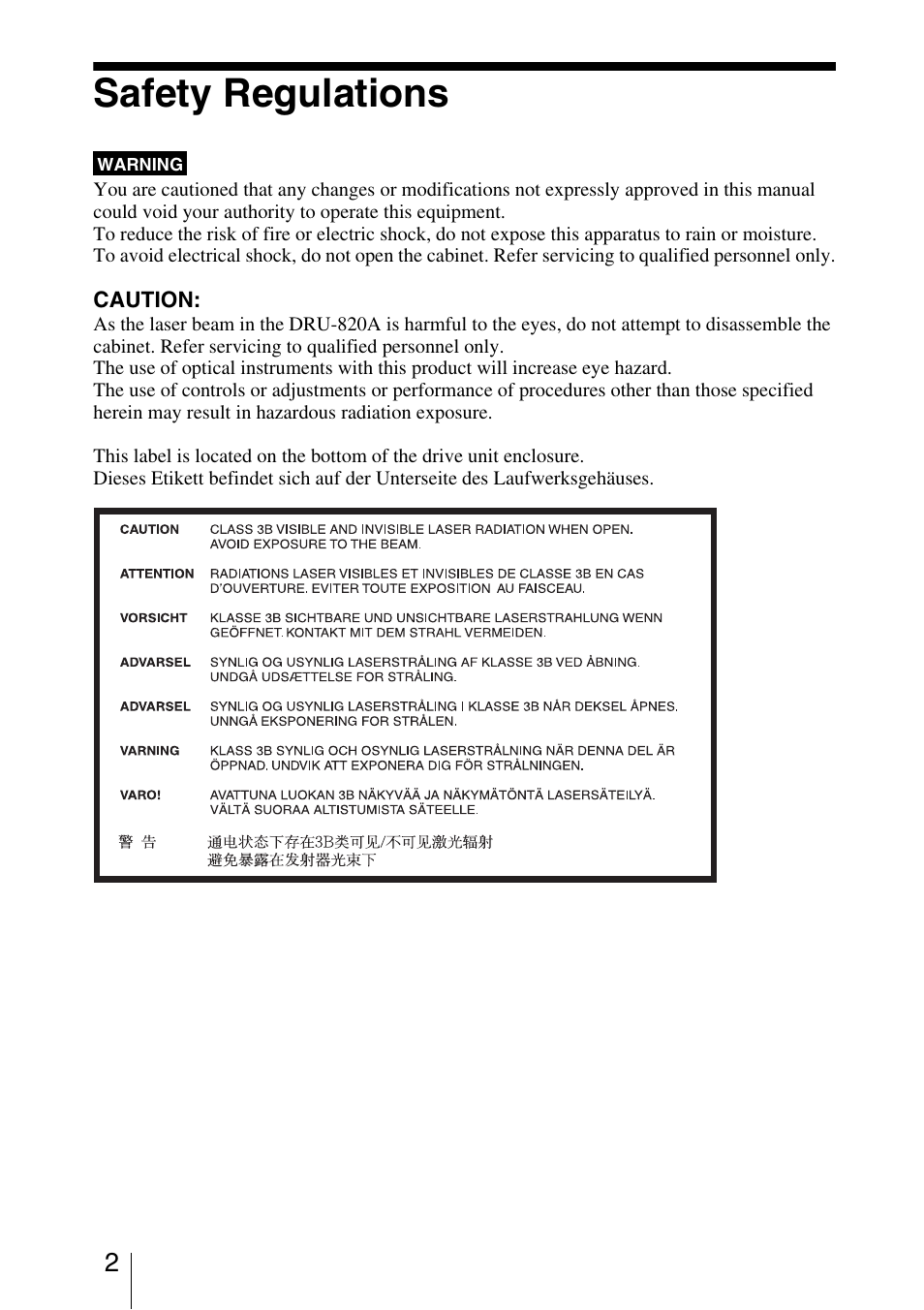 Safety regulations | Sony DRU-820A User Manual | Page 2 / 36