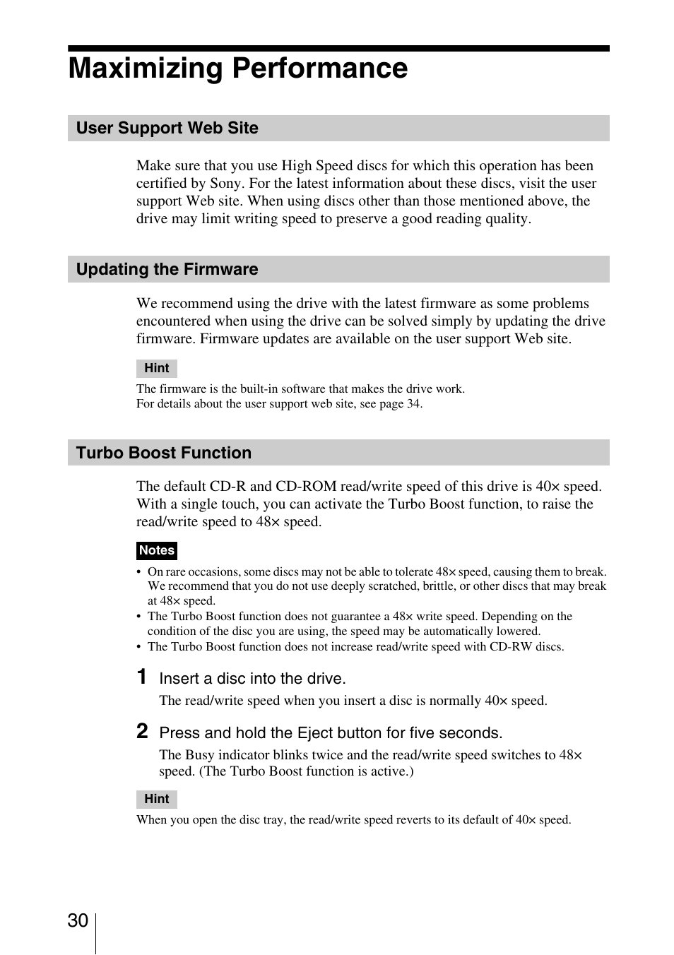Maximizing performance, User support web site, Updating the firmware | Turbo boost function | Sony DRU-820A User Manual | Page 30 / 36