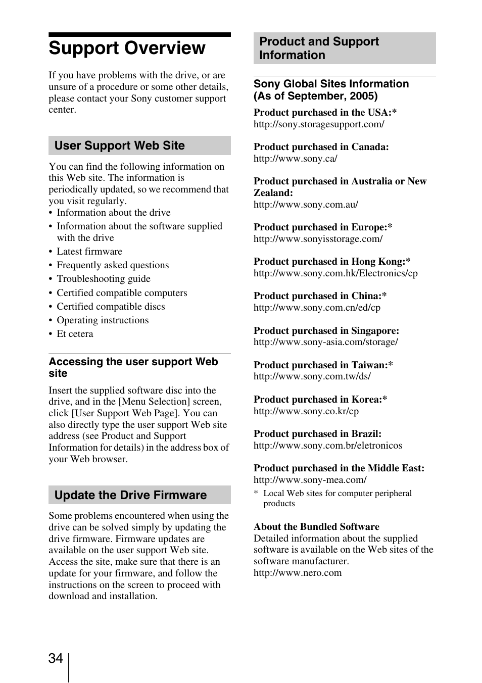 Support overview, User support web site, Update the drive firmware | Product and support information | Sony DRU-820A User Manual | Page 34 / 36