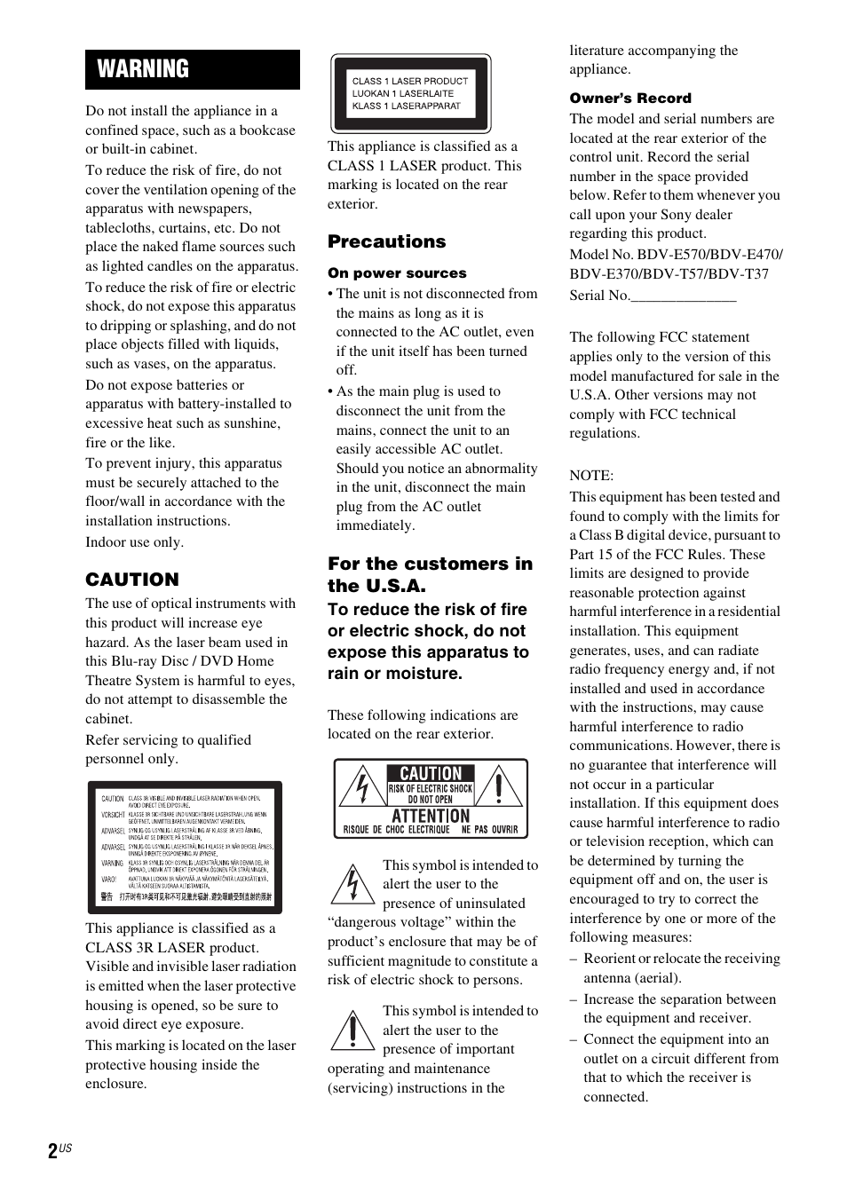 Warning | Sony BLU-RAY DISC BDV-T57 User Manual | Page 2 / 80