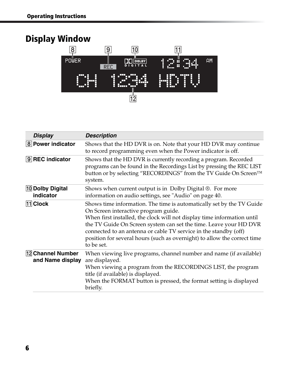 Display window | Sony DHG-HDD250 User Manual | Page 12 / 104