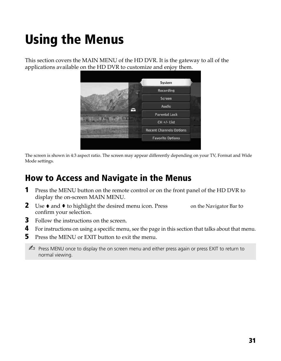 Using the menus, How to access and navigate in the, Menus | How to access and navigate in the menus | Sony DHG-HDD250 User Manual | Page 37 / 104