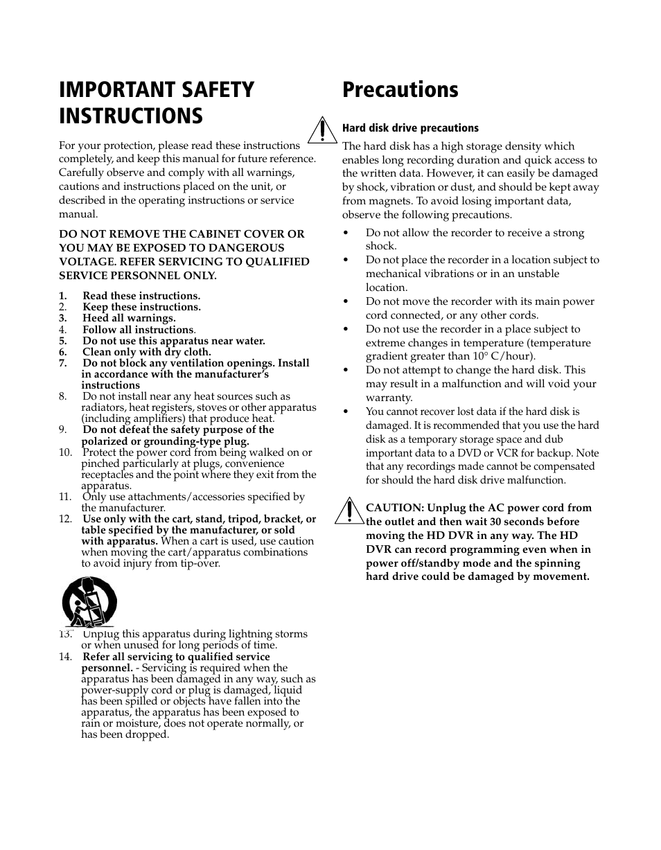 Important safety instructions, Precautions | Sony DHG-HDD250 User Manual | Page 4 / 104