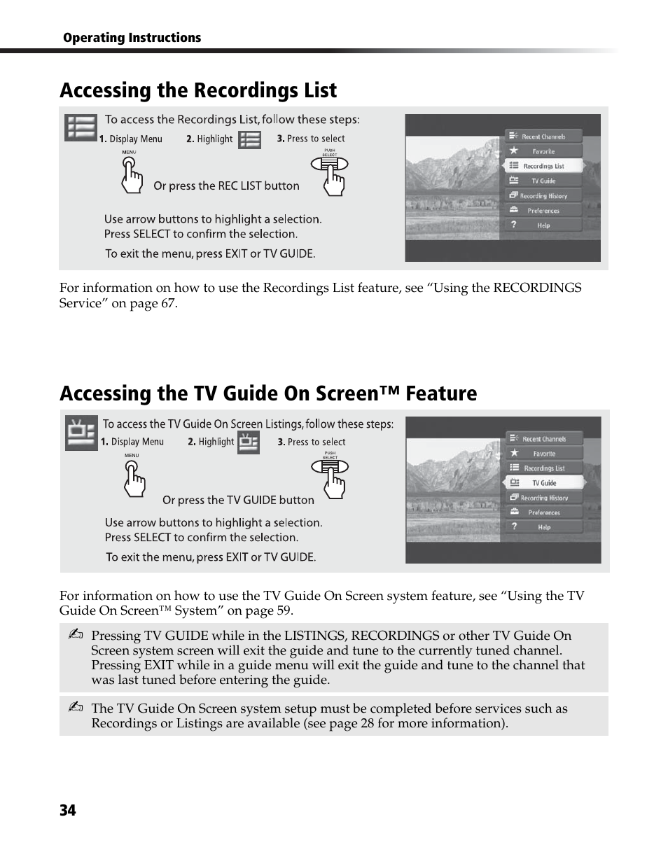 Accessing the recordings list, Accessing the tv guide on, Screen™ feature | Accessing the tv guide on screen™ feature | Sony DHG-HDD250 User Manual | Page 40 / 104