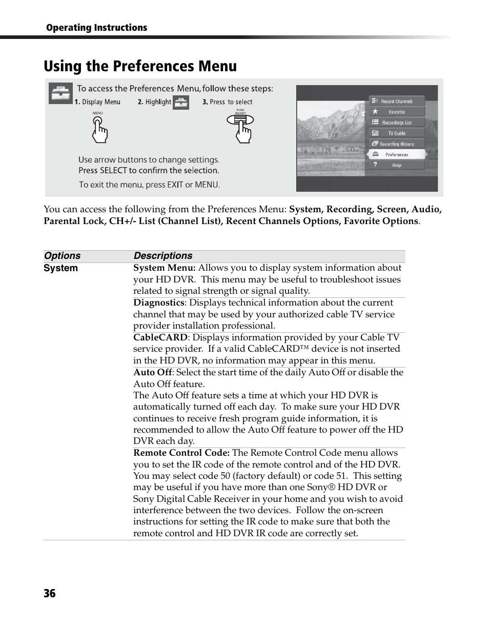 Using the preferences menu | Sony DHG-HDD250 User Manual | Page 42 / 104