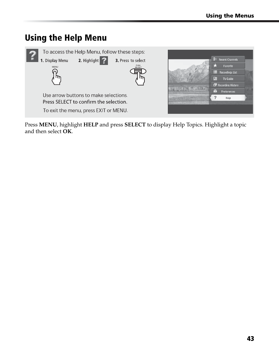 Using the help menu | Sony DHG-HDD250 User Manual | Page 49 / 104