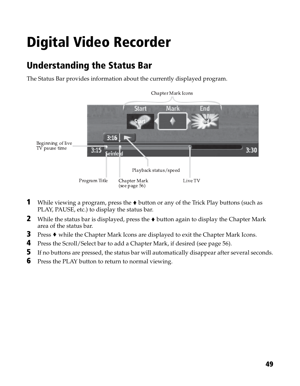 Digital video recorder, Understanding the status bar | Sony DHG-HDD250 User Manual | Page 55 / 104