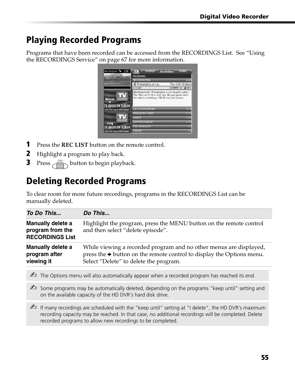 Playing recorded programs, Deleting recorded programs | Sony DHG-HDD250 User Manual | Page 61 / 104