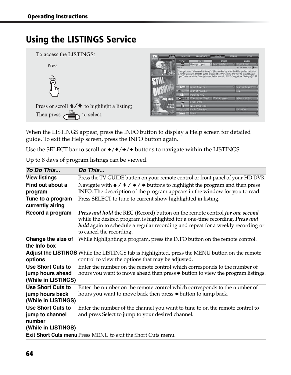 Using the listings service | Sony DHG-HDD250 User Manual | Page 70 / 104