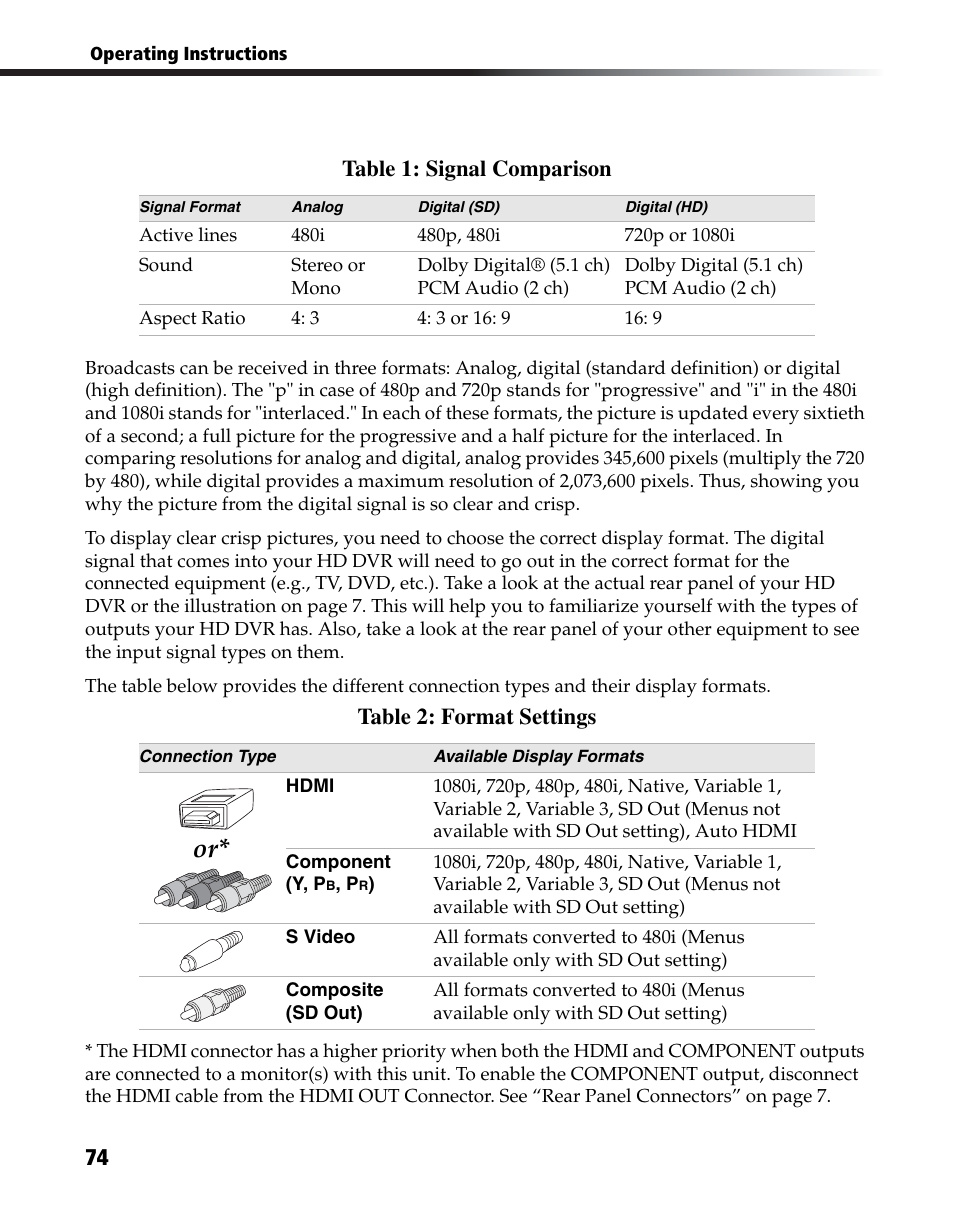 Table 1: signal comparison, Table 2: format settings | Sony DHG-HDD250 User Manual | Page 80 / 104