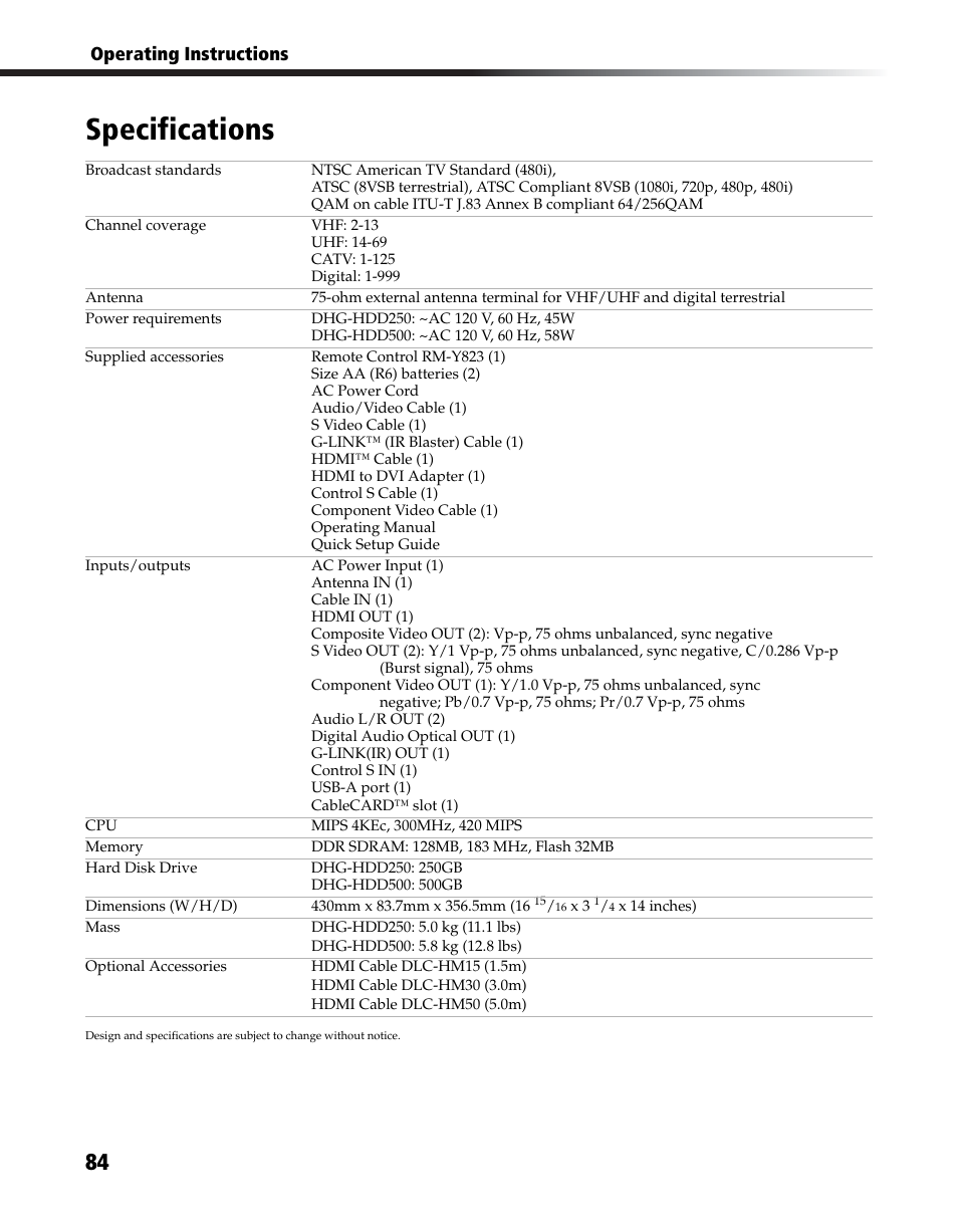 Specifications | Sony DHG-HDD250 User Manual | Page 90 / 104