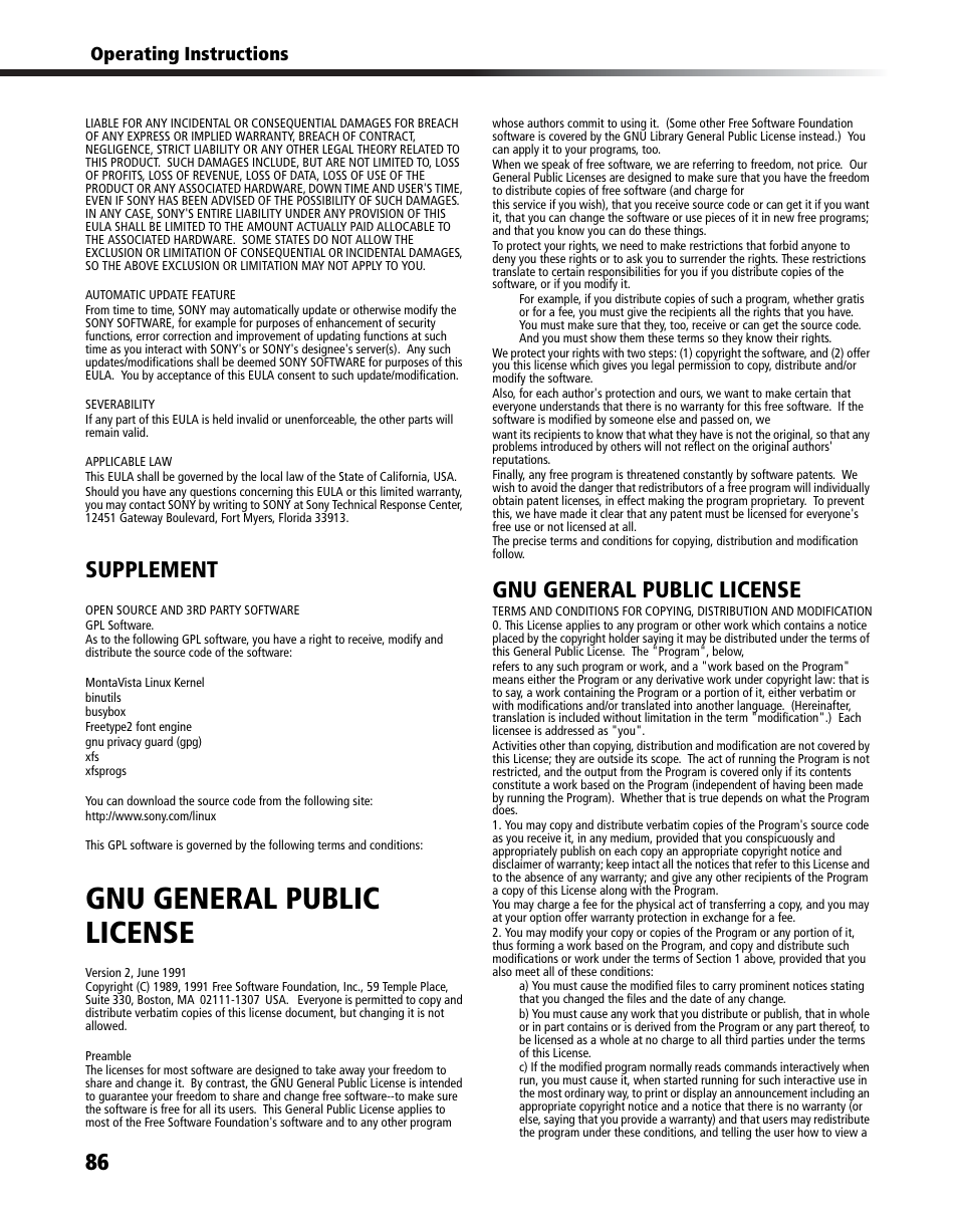 Gnu general public, License, Gnu general public license | Supplement | Sony DHG-HDD250 User Manual | Page 92 / 104