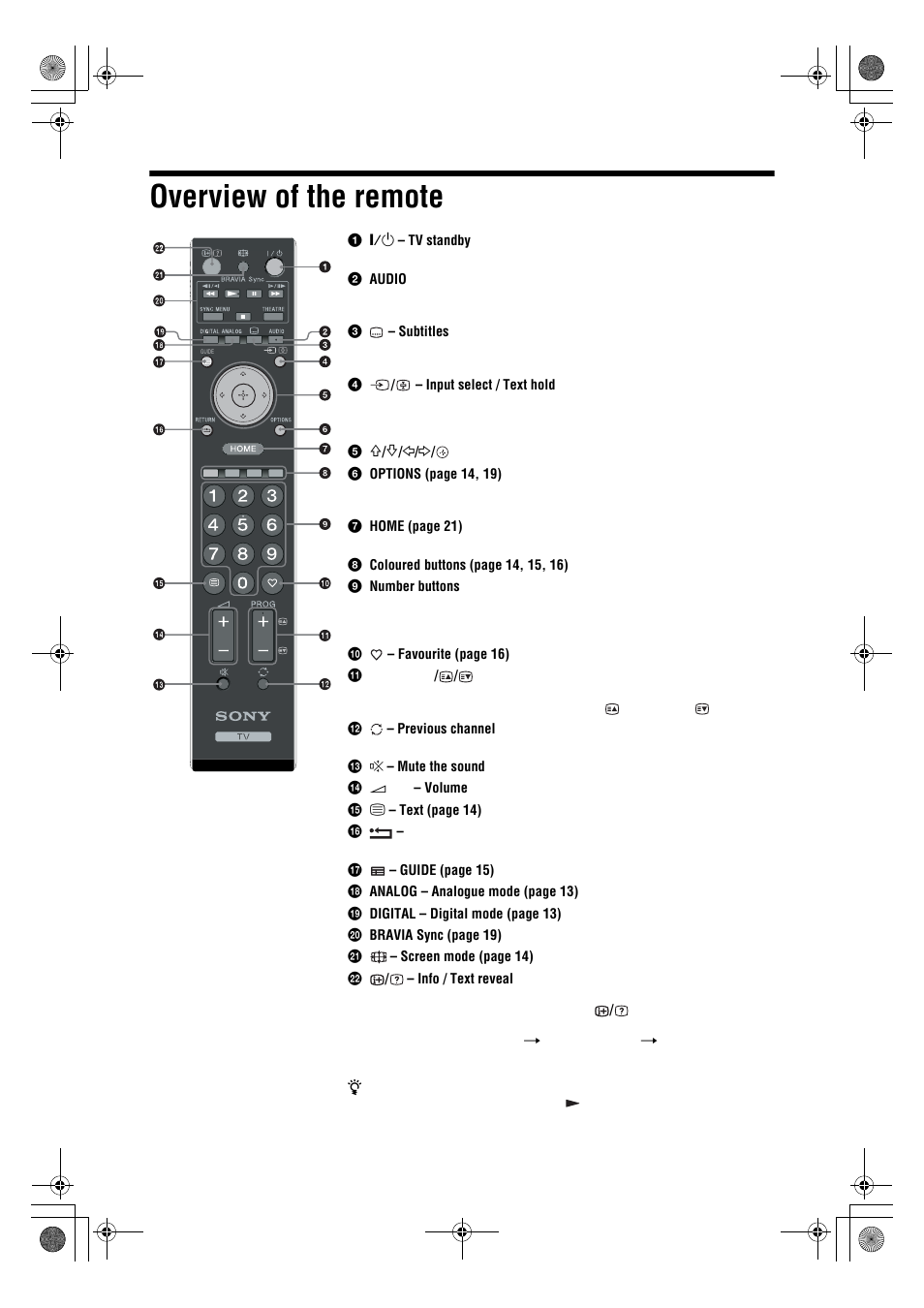Overview of the remote | Sony Bravia KDL-26V4700 User Manual | Page 11 / 36