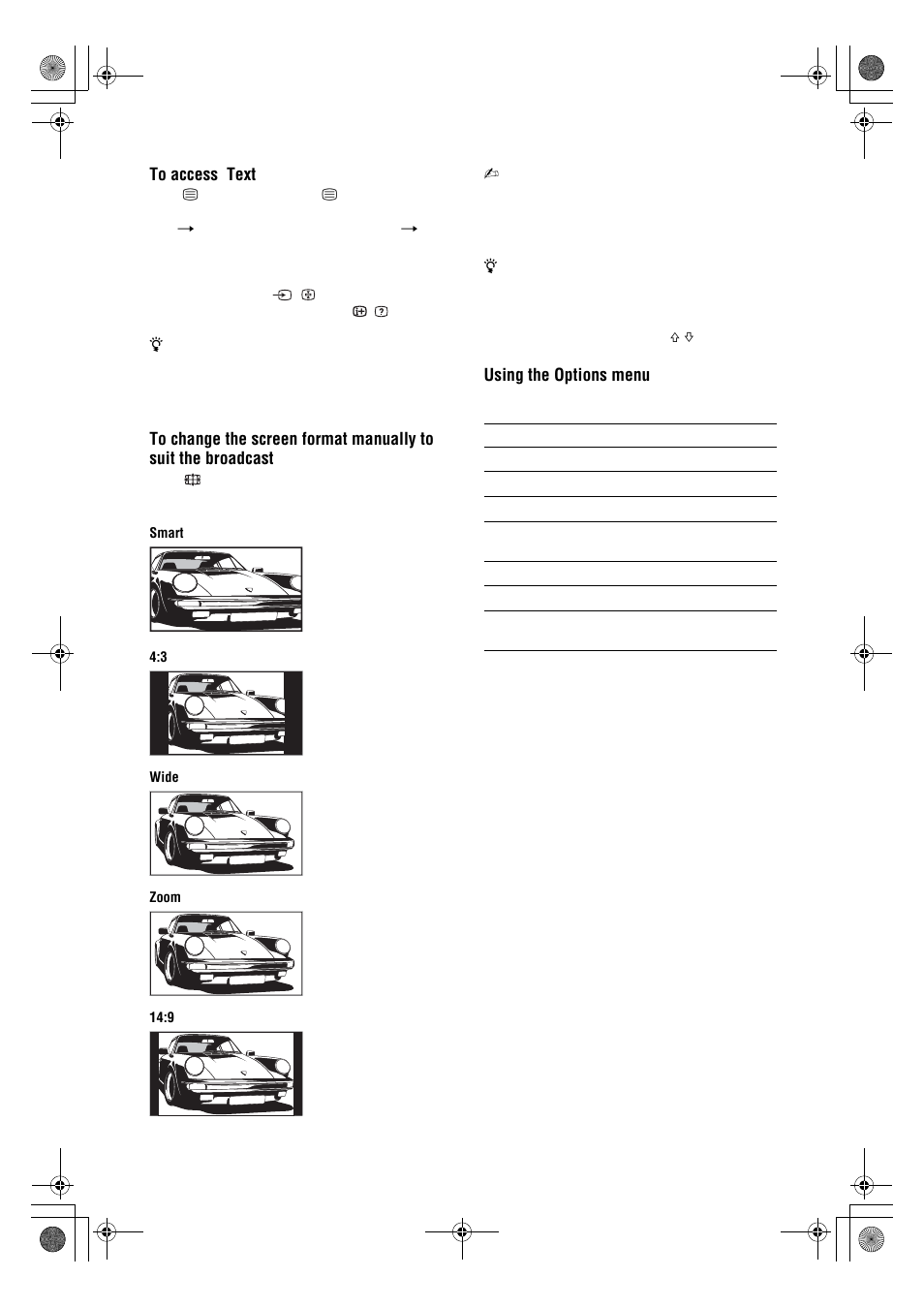 Using the options menu | Sony Bravia KDL-26V4700 User Manual | Page 14 / 36