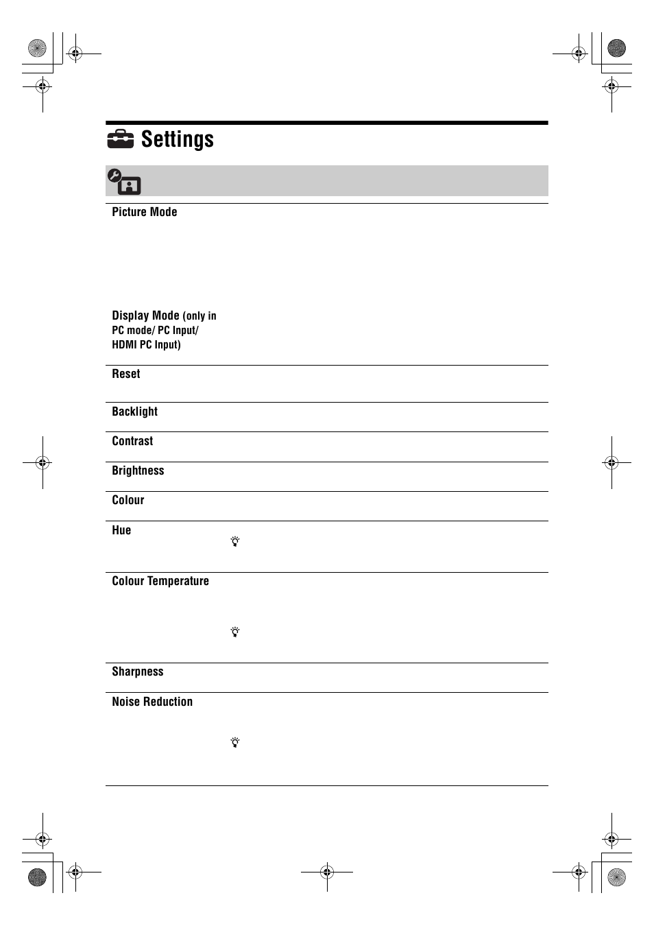 Settings | Sony Bravia KDL-26V4700 User Manual | Page 22 / 36