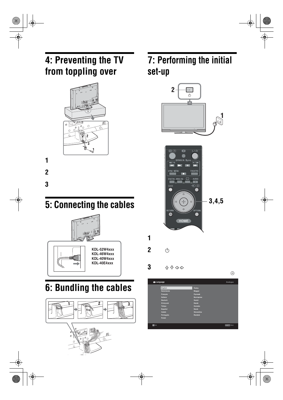 Preventing the tv from toppling over | Sony Bravia KDL-26V4700 User Manual | Page 6 / 36
