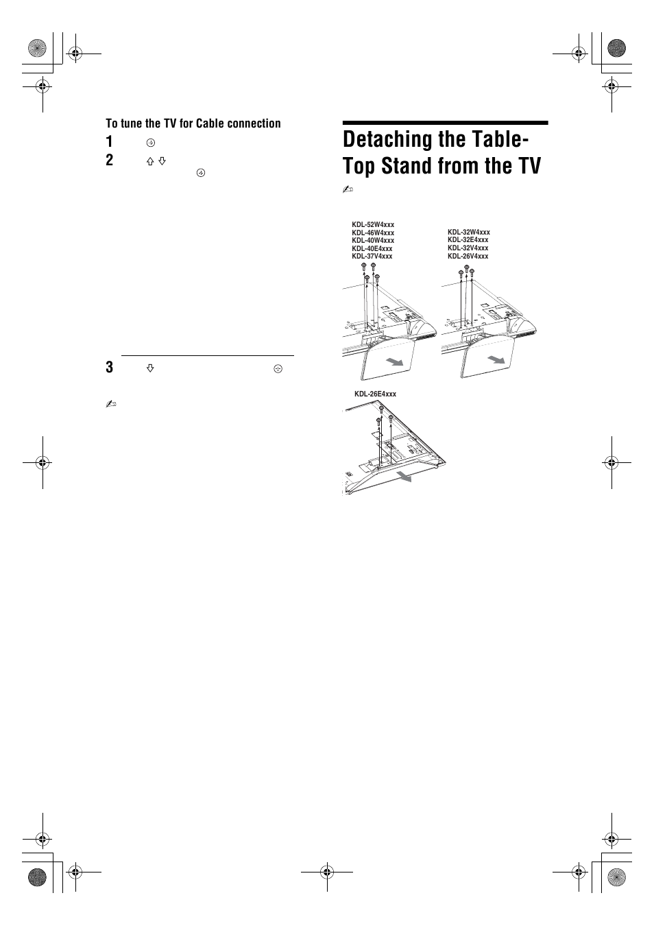 Detaching the table- top stand from the tv | Sony Bravia KDL-26V4700 User Manual | Page 8 / 36