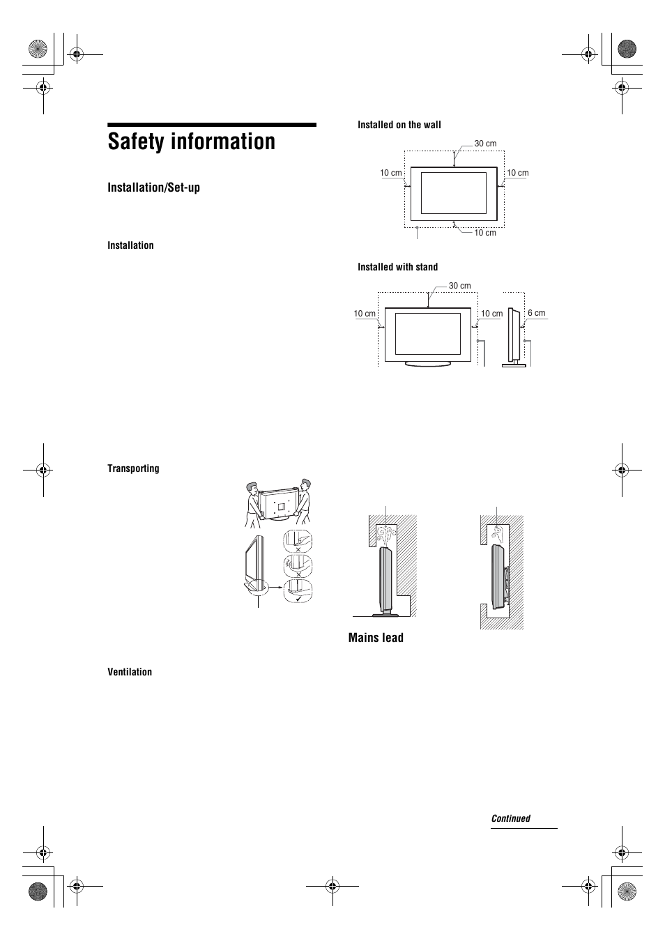 Safety information, Installation/set-up, Mains lead | Sony Bravia KDL-26V4700 User Manual | Page 9 / 36