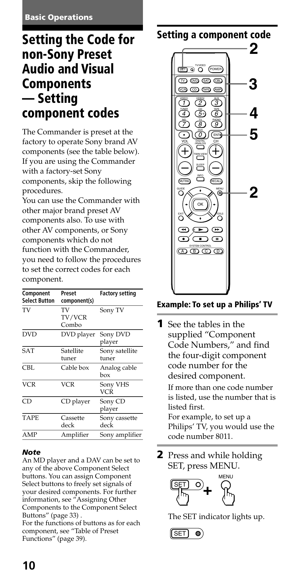 Basic operations, Setting a component code, Setting component codes | Press and while holding set, press menu, Example: to set up a philips’ tv, The set indicator lights up | Sony RM-VL600 User Manual | Page 10 / 52