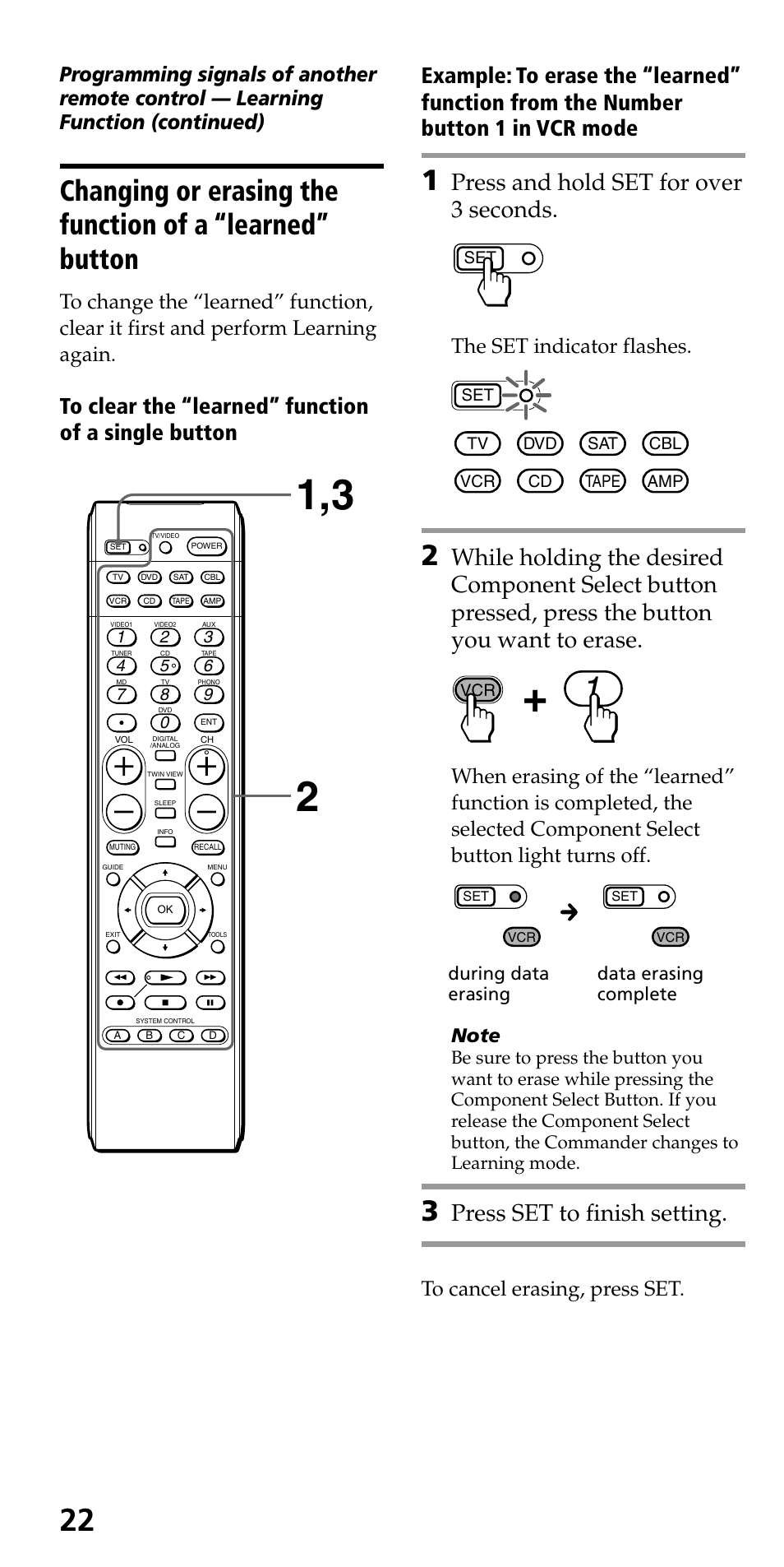 Press and hold set for over 3 seconds, Press set to finish setting, The set indicator flashes | During data erasing data erasing complete | Sony RM-VL600 User Manual | Page 22 / 52