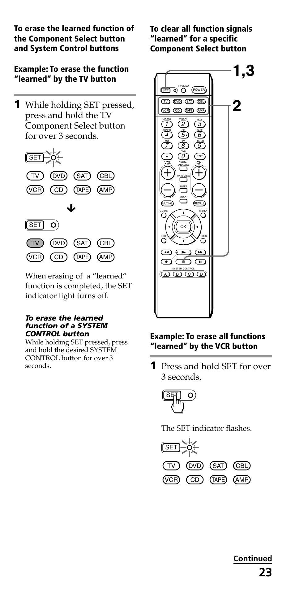 Press and hold set for over 3 seconds, The set indicator flashes, Continued | Sony RM-VL600 User Manual | Page 23 / 52