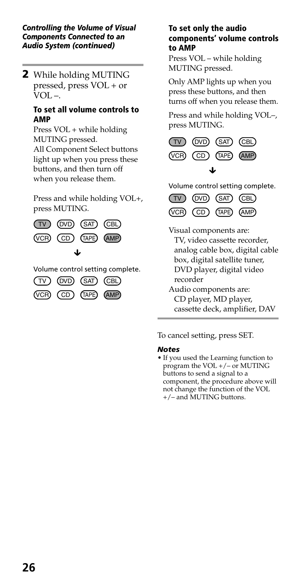 While holding muting pressed, press vol + or vol | Sony RM-VL600 User Manual | Page 26 / 52