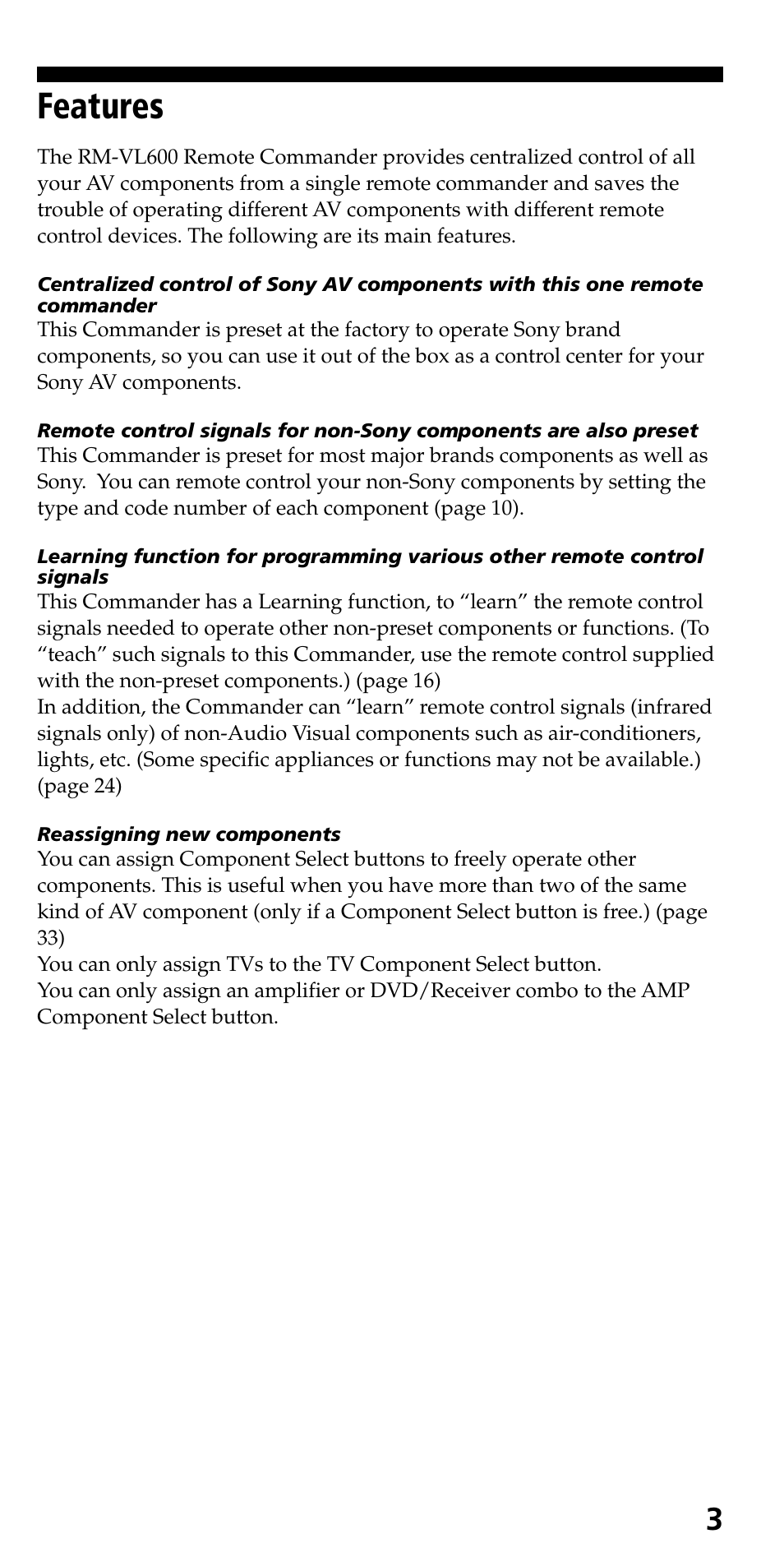 Features | Sony RM-VL600 User Manual | Page 3 / 52