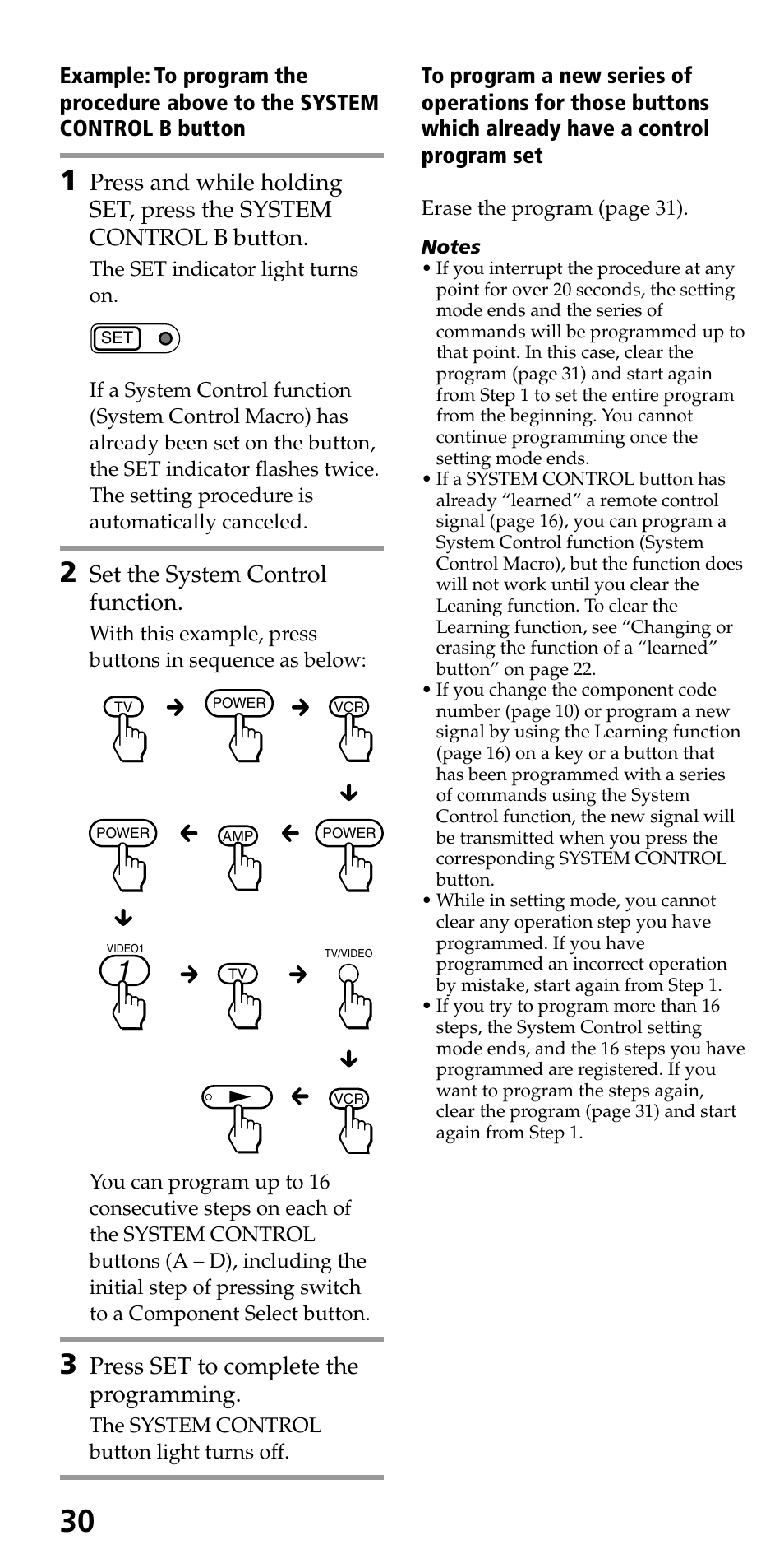 Set the system control function, Press set to complete the programming | Sony RM-VL600 User Manual | Page 30 / 52
