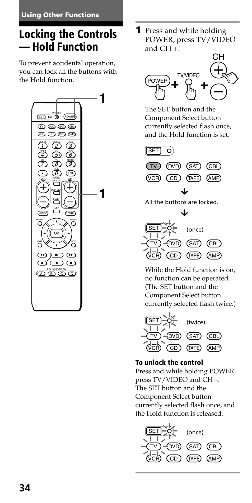 Using other functions, Locking the controls — hold function, Twice) | Once), All the buttons are locked. (once) | Sony RM-VL600 User Manual | Page 34 / 52