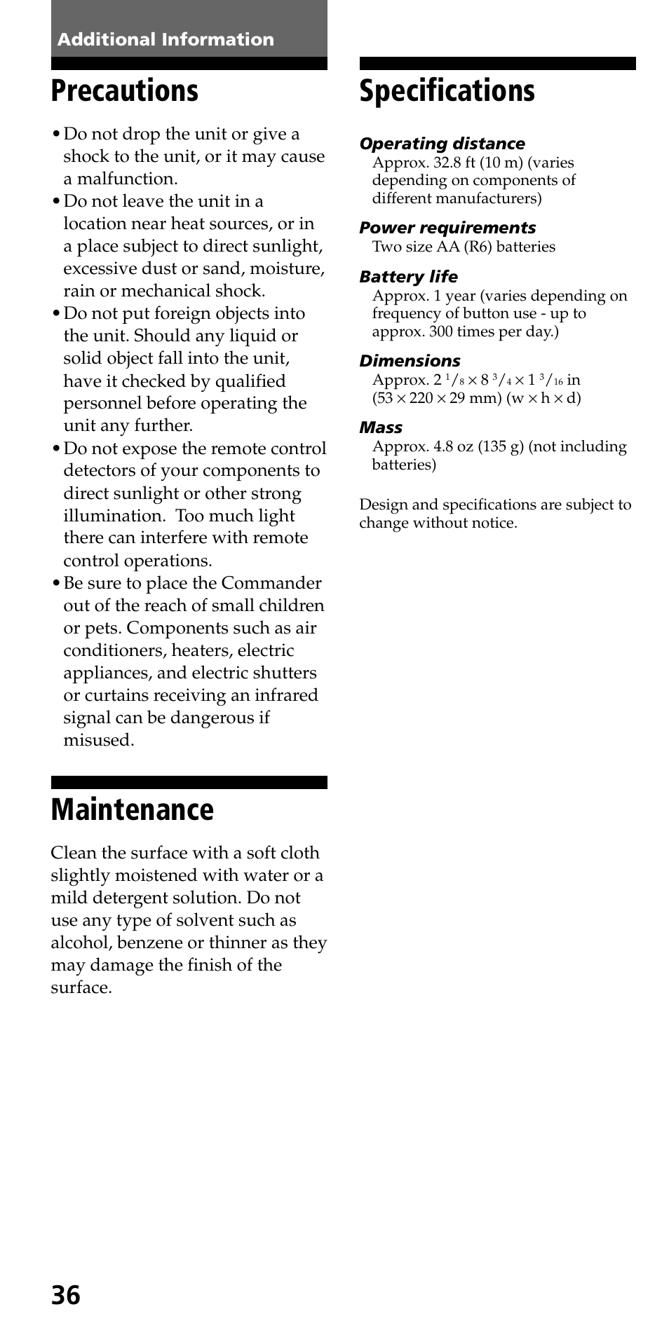 Additional information, Precautions, Maintenance | Specifications | Sony RM-VL600 User Manual | Page 36 / 52