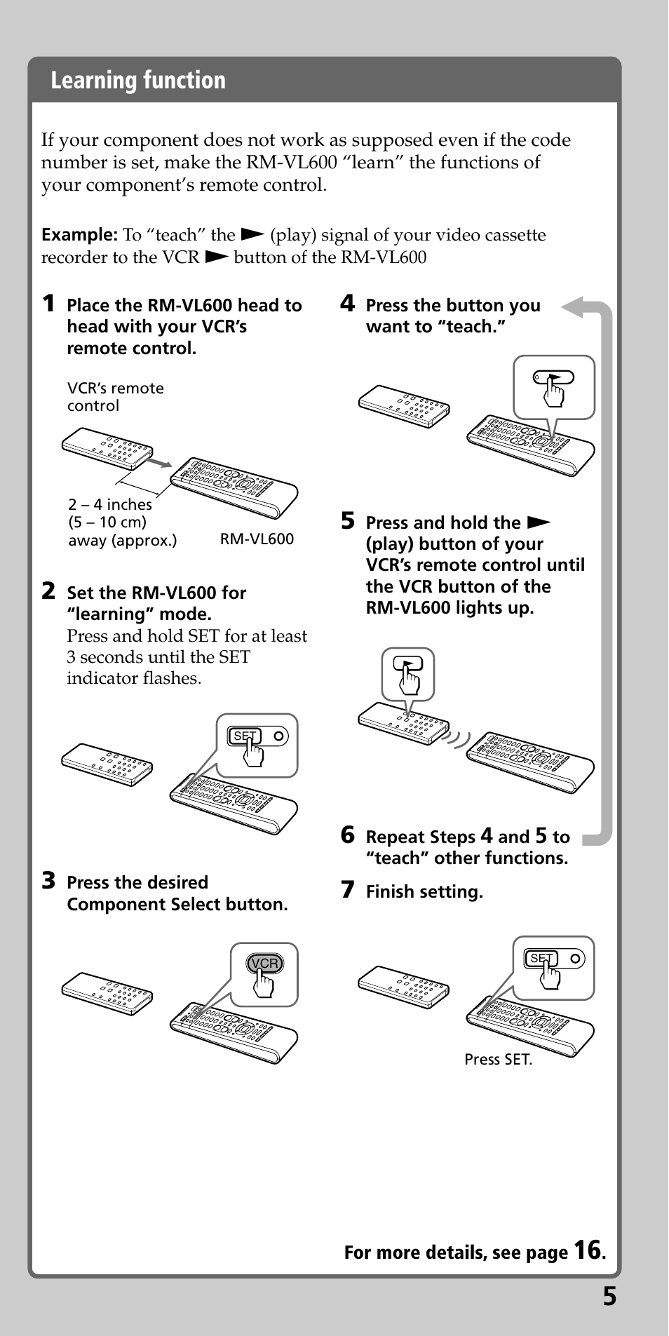Learning function | Sony RM-VL600 User Manual | Page 5 / 52