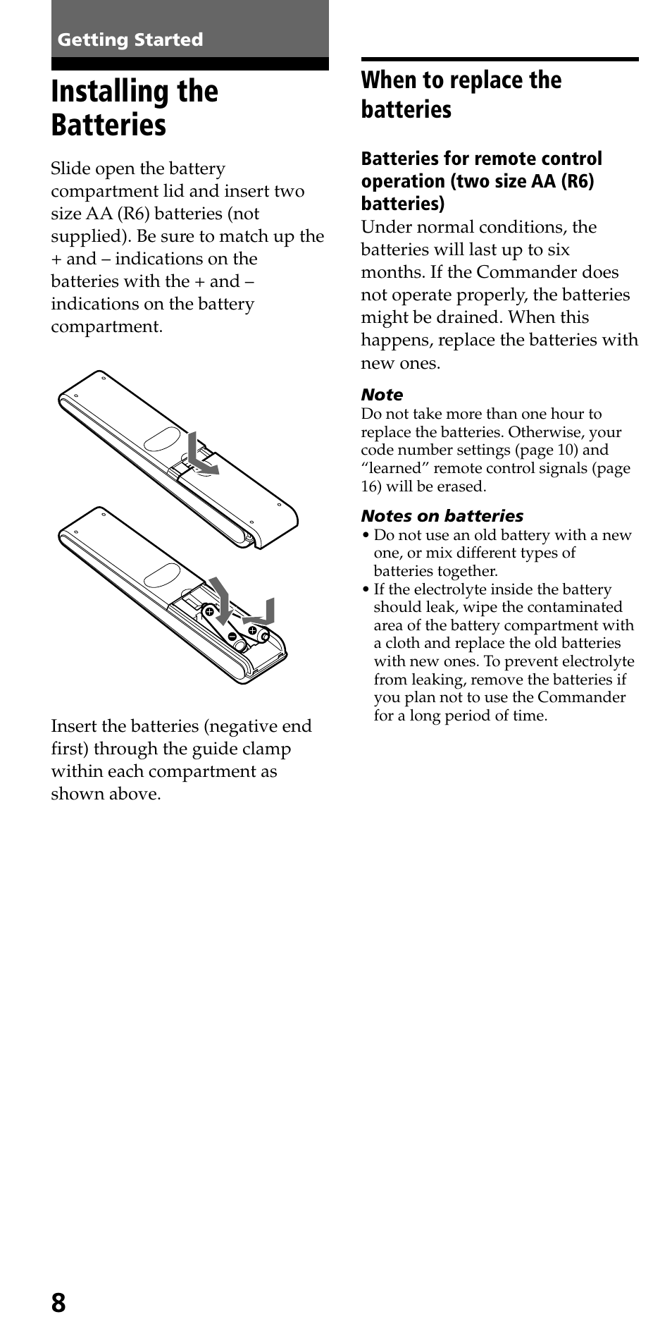 Getting started, Installing the batteries, When to replace the batteries | Sony RM-VL600 User Manual | Page 8 / 52