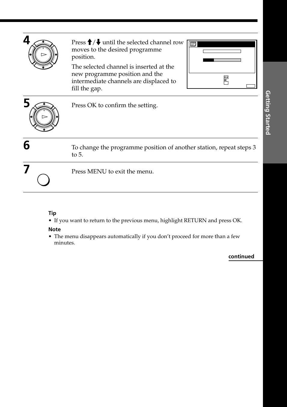 Press ok to confirm the setting, Press menu to exit the menu, Getting started | Continued | Sony PAL NTSC 4.43 SLV-SE80UX User Manual | Page 23 / 80
