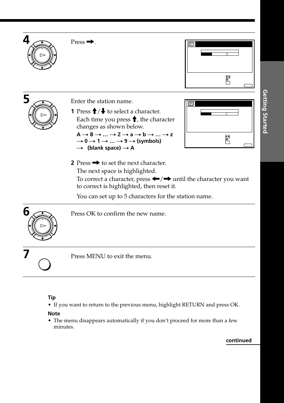 Press, Press ok to confirm the new name, Press menu to exit the menu | Getting started, Continued | Sony PAL NTSC 4.43 SLV-SE80UX User Manual | Page 25 / 80