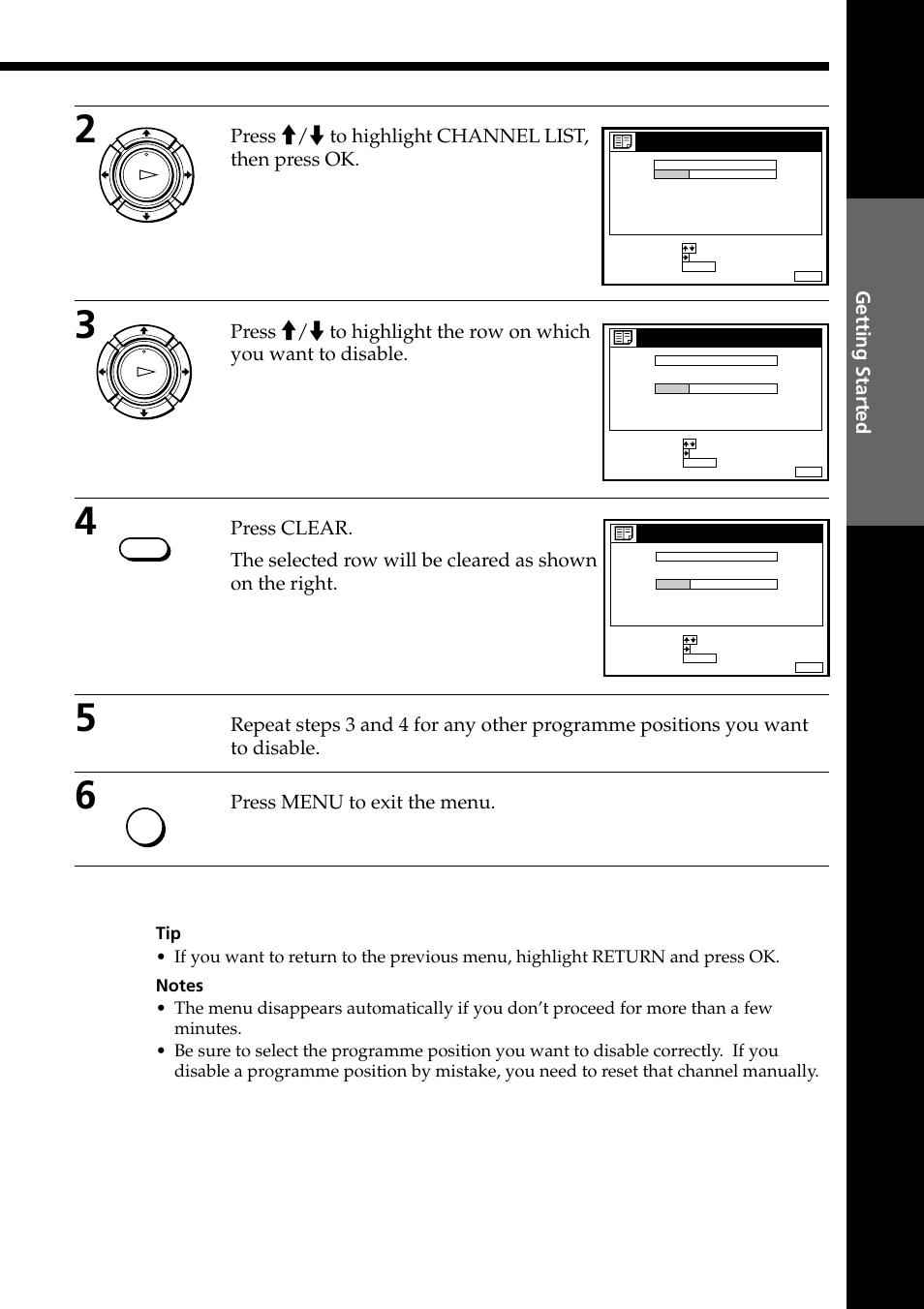 Press >/. to highlight channel list, then press ok, Press menu to exit the menu, Getting started | Sony PAL NTSC 4.43 SLV-SE80UX User Manual | Page 27 / 80