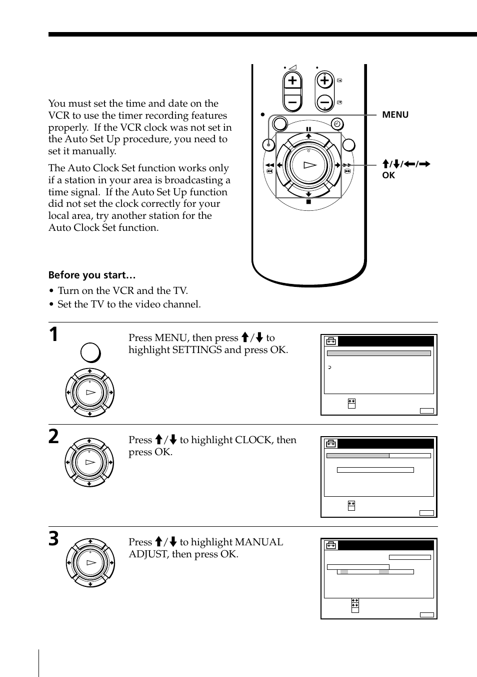 Setting the clock, Setting the clock manually, Press >/. to highlight clock, then press ok | Getting started, Ok menu | Sony PAL NTSC 4.43 SLV-SE80UX User Manual | Page 28 / 80