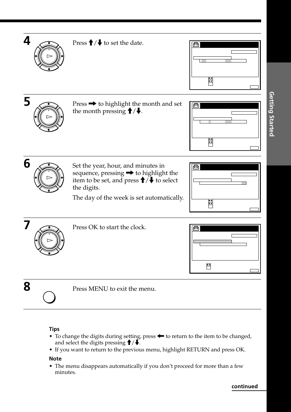 Press >/. to set the date, Press ok to start the clock, Press menu to exit the menu | Getting started, Continued | Sony PAL NTSC 4.43 SLV-SE80UX User Manual | Page 29 / 80