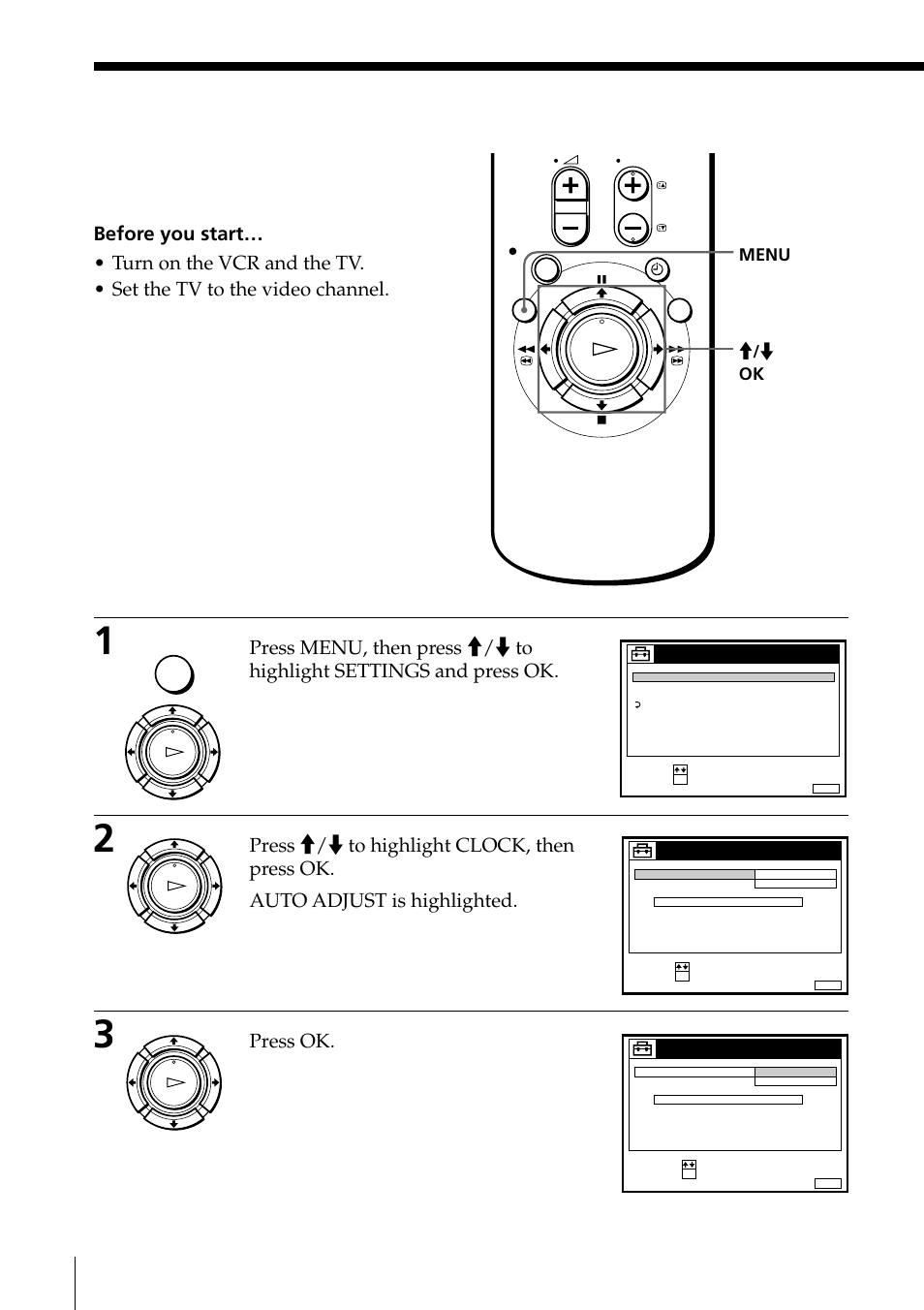 Setting the clock (continued), Press ok, Getting started | Ok menu | Sony PAL NTSC 4.43 SLV-SE80UX User Manual | Page 30 / 80