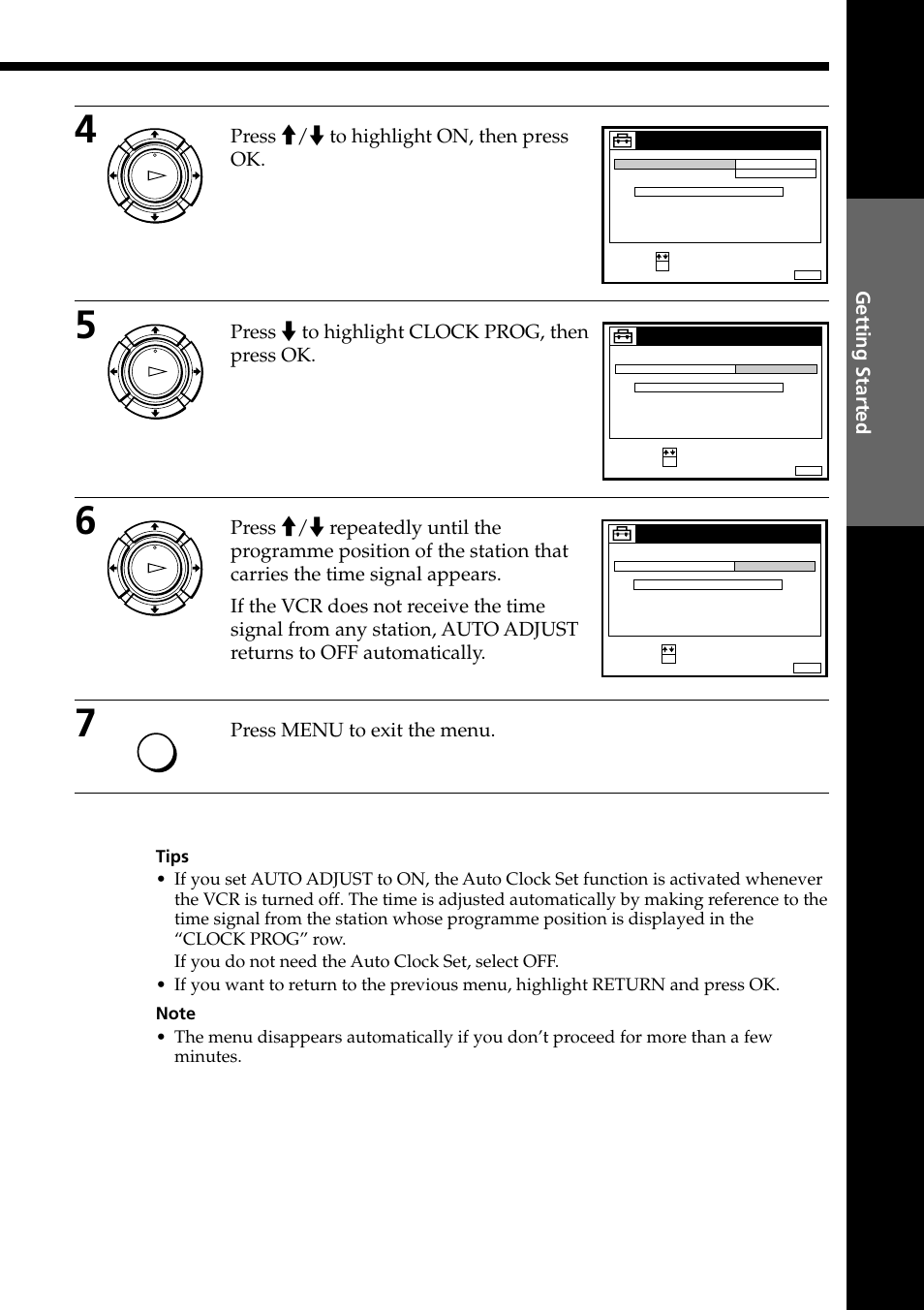 Press >/. to highlight on, then press ok, Press . to highlight clock prog, then press ok, Press menu to exit the menu | Getting started | Sony PAL NTSC 4.43 SLV-SE80UX User Manual | Page 31 / 80