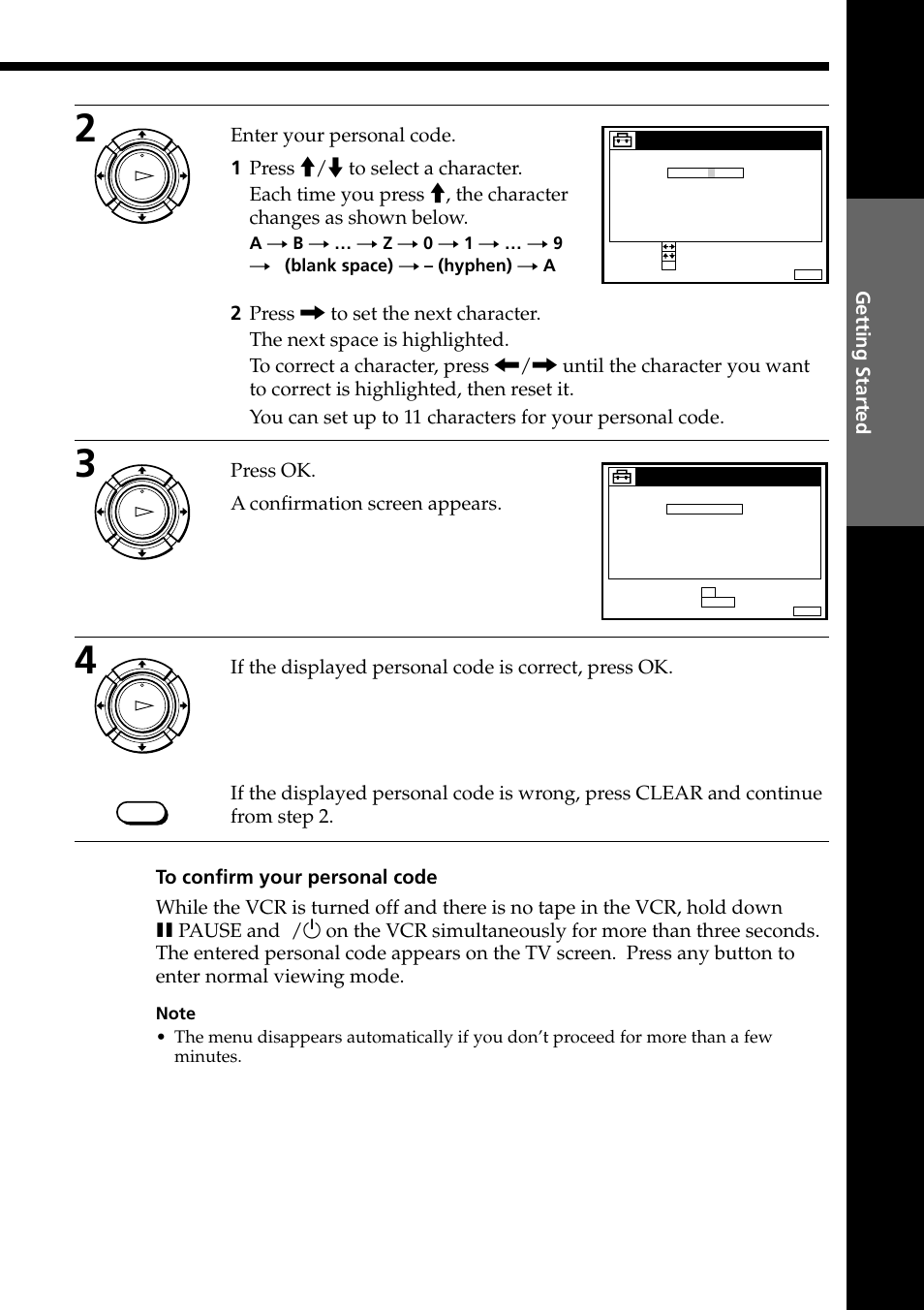 Press ok. a confirmation screen appears, Getting started | Sony PAL NTSC 4.43 SLV-SE80UX User Manual | Page 33 / 80