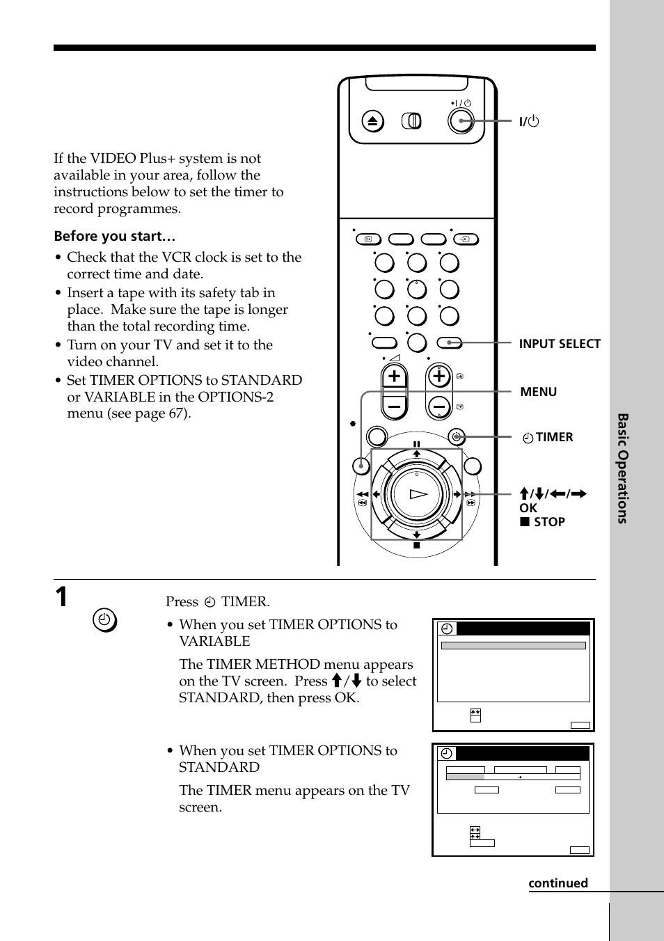 Setting the timer manually, Basic operations | Sony PAL NTSC 4.43 SLV-SE80UX User Manual | Page 45 / 80