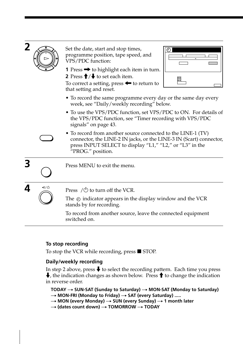 46 setting the timer manually (continued), Press menu to exit the menu | Sony PAL NTSC 4.43 SLV-SE80UX User Manual | Page 46 / 80