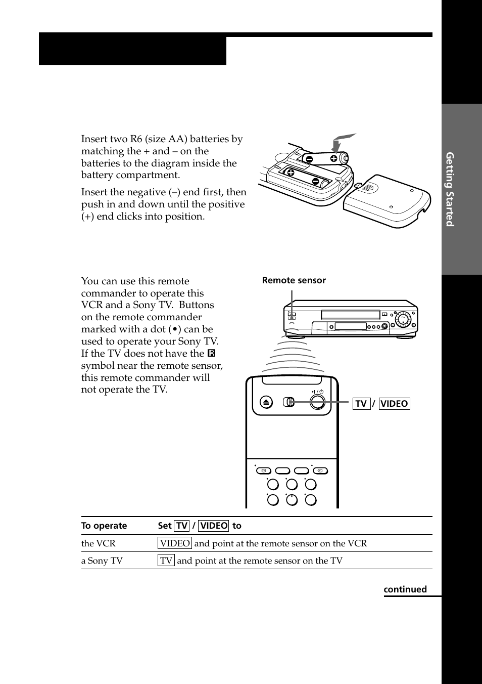 Setting up the remote commander, Step 2, Inserting the batteries | Using the remote commander | Sony PAL NTSC 4.43 SLV-SE80UX User Manual | Page 5 / 80