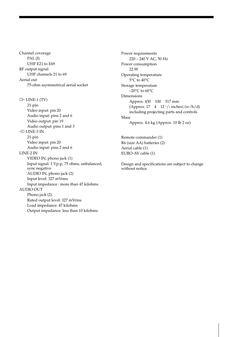 Specifications, System, Inputs and outputs | General, Supplied accessories | Sony PAL NTSC 4.43 SLV-SE80UX User Manual | Page 75 / 80